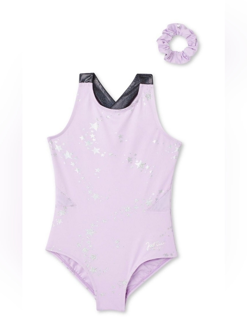 NWT Justice Lilac Star Foil Girls' Leotard with Scrunchie - Size Medium